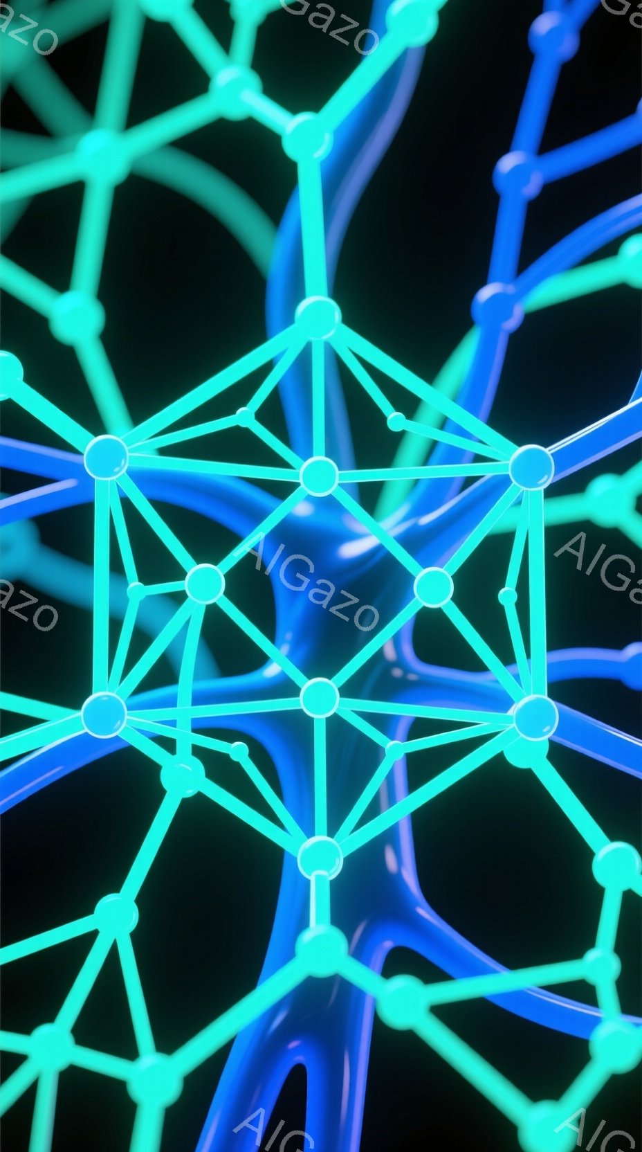 この画像は、暗い背景を背景にした、蛍光ブルーと緑の線で構成された複雑なネットワーク構造を描いています。線は球状のノードで接続されており、光沢のある質感で表現されています。全体として、科学的または未来的な抽象的なイメージであり、エネルギーや接続性を想起させます。