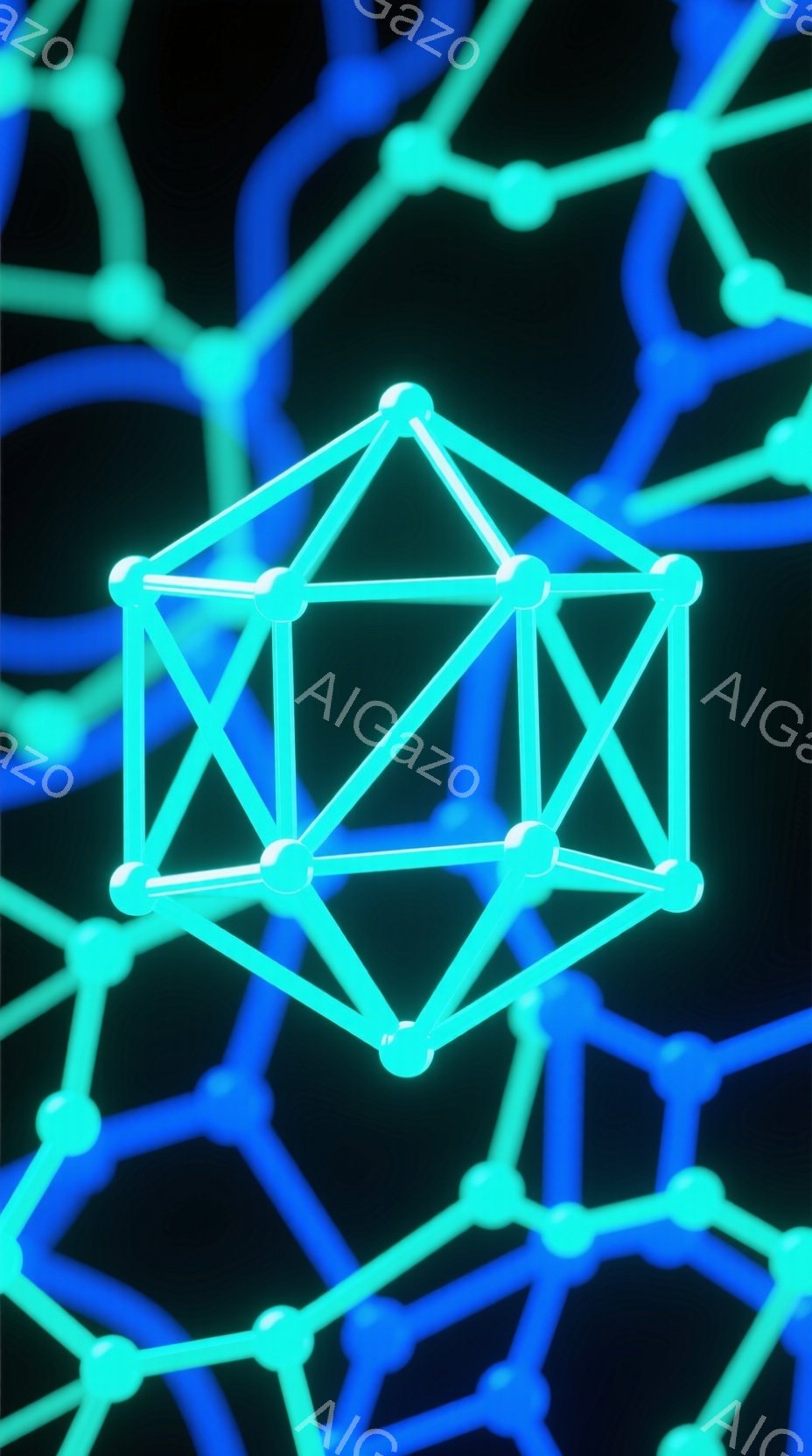 鮮やかなターコイズブルーの線で構成された正八面体が、黒色の背景に浮かび上がっています。その周囲には、同じ色の線が複雑に絡み合ったネットワークが広がっており、まるで分子構造のような印象を与えます。全体的 - AI生成フリー素材