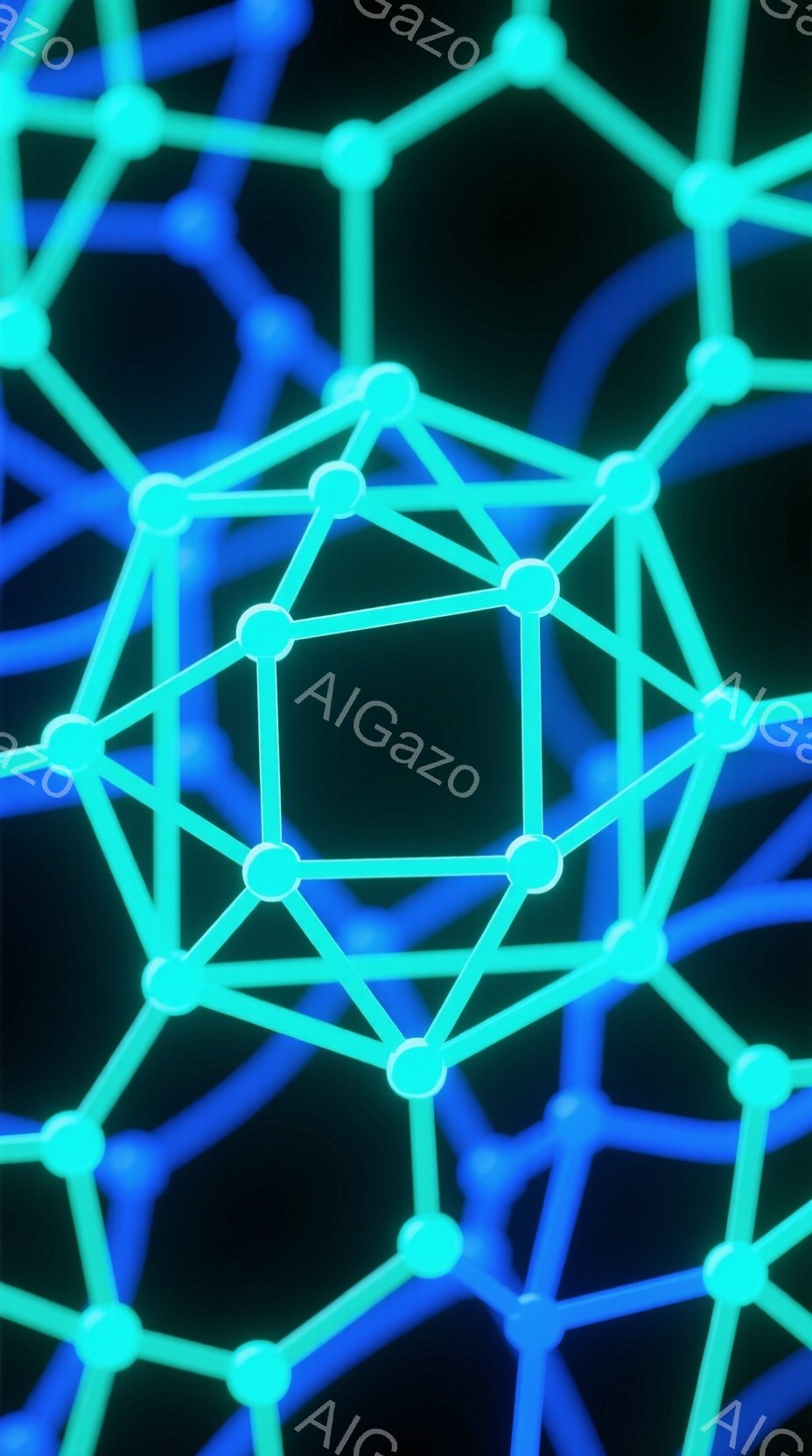 画像は暗い背景に浮かぶ、青色の線で構成された複雑なネットワーク構造を示しています。線は球状の結び目（ノード）で接続され、ペンタゴンやヘキサゴンが繰り返されるパターンを形成しています。この構成は、フラー - AI生成フリー素材