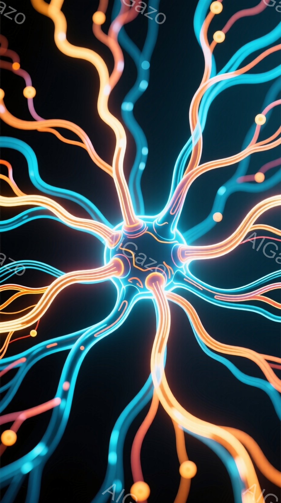 鮮やかなネオンカラーの線が、暗闇の中で中心から放射状に広がっている様子が描かれている。線はターコイズブルーとオレンジ色を基調とし、まるで神経細胞や血管のような有機的な形状を形成し、随所に光る球体がアクセントになっている。 全体的に未来的なテクノロジーや生命の神秘性を感じさせる、幻想的な雰囲気である。