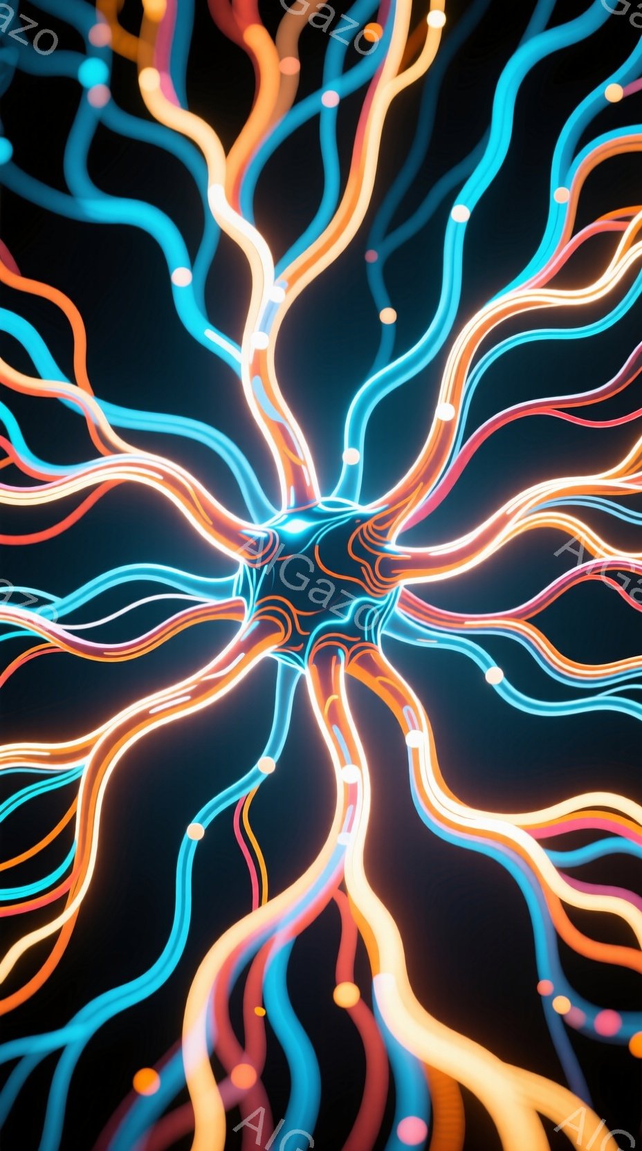 漆黒の背景に、発光する光の線が中心から放射状に広がっている様子が描かれている。オレンジ、青、紫など、鮮やかな色彩が混ざり合い、まるでエネルギーの流れや神経細胞のネットワークを想起させる。全体的に未来的で神秘的な雰囲気が漂い、見る者の想像力を刺激する。