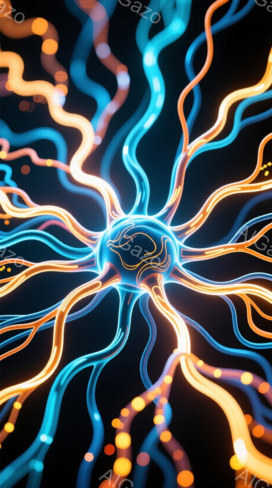 暗い背景に、鮮やかなオレンジと青色の光の線が中心から放射状に広がっている。光の線は流れるような曲線を描き、まるでエネルギーの流れや神経細胞のネットワークを連想させる。小さな光の玉が線に沿って散りばめられ、幻想的で神秘的な雰囲気を醸し出している。