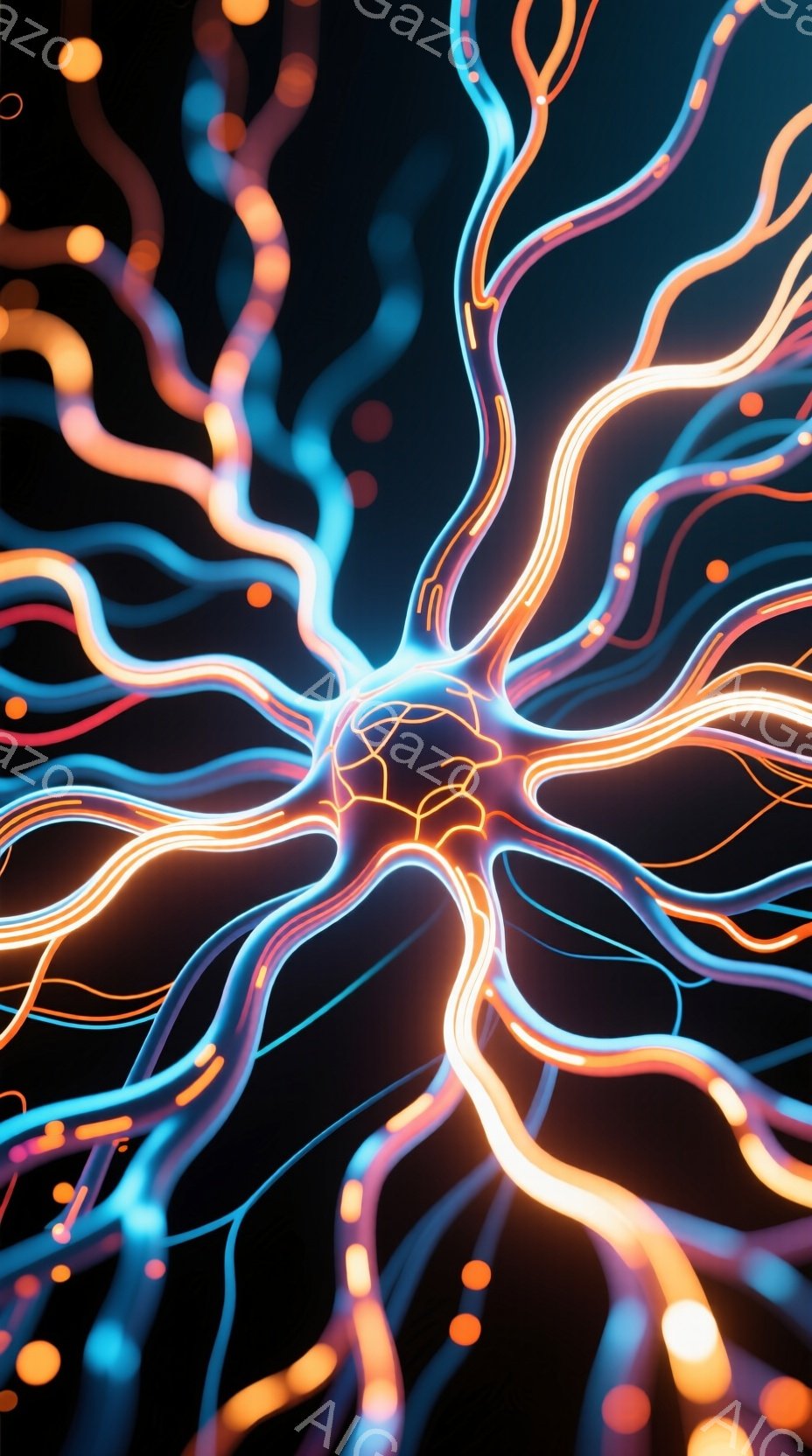 鮮やかなオレンジと青色の光の線が、暗い背景の中で中心から放射状に広がっている様子が描かれている。線はまるで神経細胞の樹状突起のように複雑に絡み合い、ダイナミックでエネルギーに満ちた印象を与える。全体的 - AI生成フリー素材