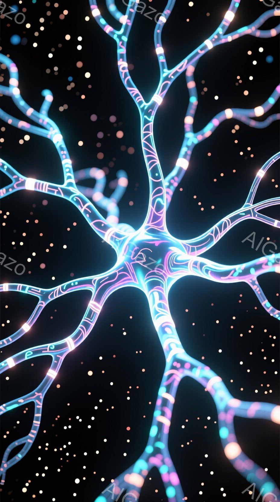 鮮やかなネオンカラーの光が、まるで神経細胞のような複雑な模様を描き出している。光の線は中心から放射状に広がり、暗黒の背景の中で幻想的な輝きを放っている。全体として、未来的なテクノロジーや生命の神秘性を感じさせる、サイバーパンク風のビジュアルだ。