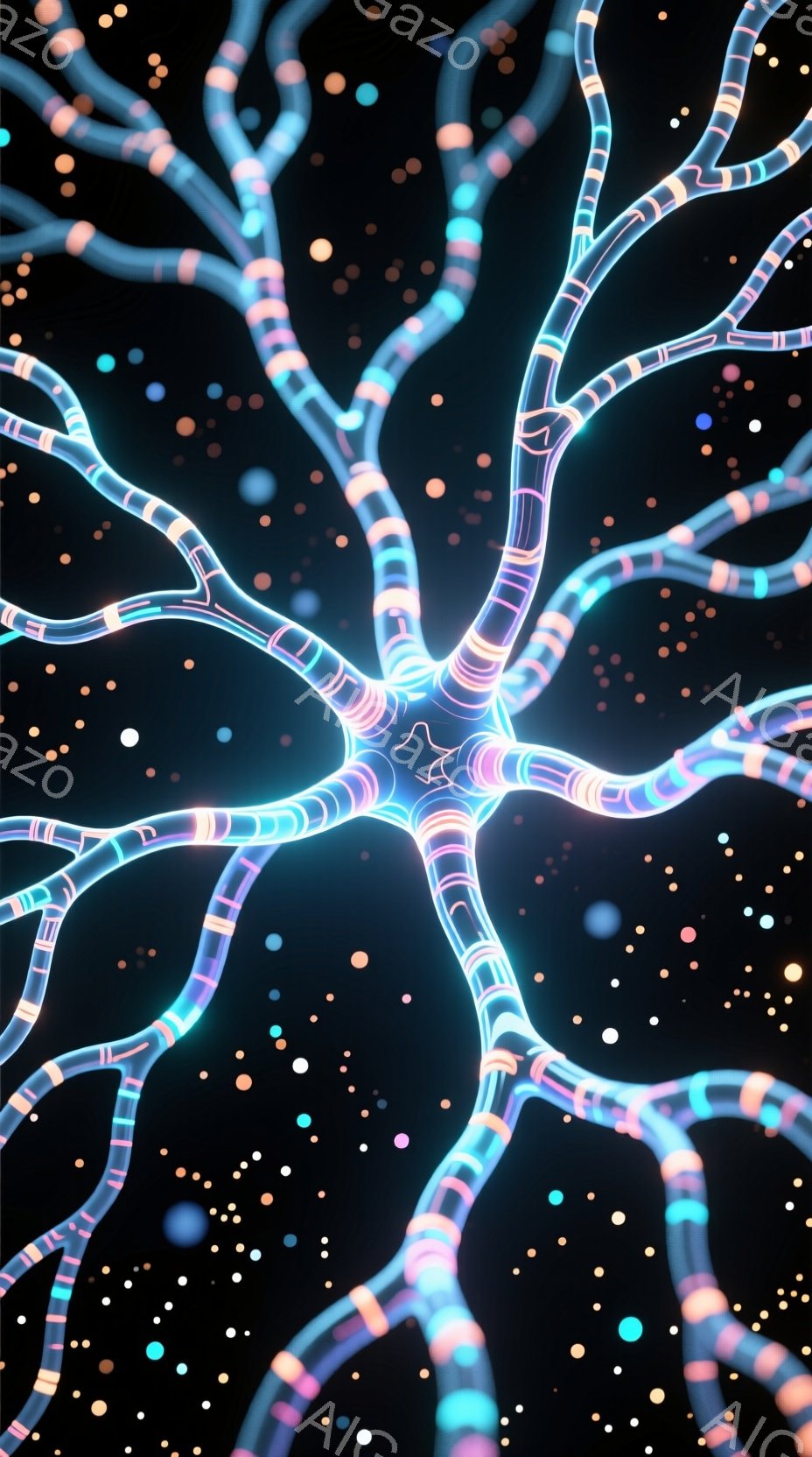 鮮やかなネオンカラーの光が、まるで神経細胞のような複雑なネットワークを形成している。背景は暗く、星のような小さな光点が散りばめられ、幻想的な雰囲気を醸し出している。全体的に未来的な科学技術をイメージさせる、抽象的で美しいビジュアルである。