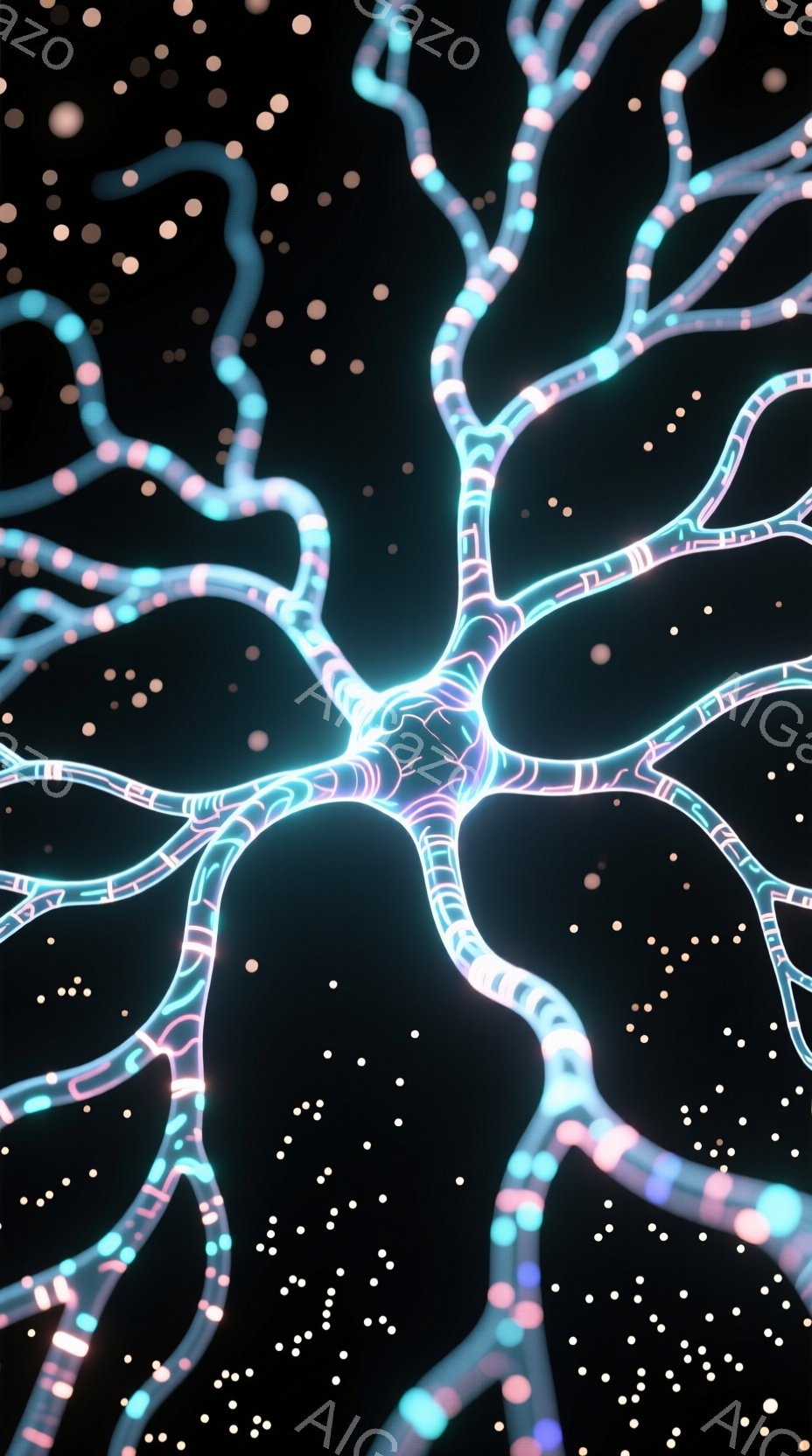 暗い背景に、鮮やかなネオンカラーの青とピンクの光る血管のような模様が広がっています。中心には、複雑に絡み合った光の結び目があり、まるで神経細胞のようにも見えます。細かい光の粒子が星のように散りばめられ - AI生成フリー素材