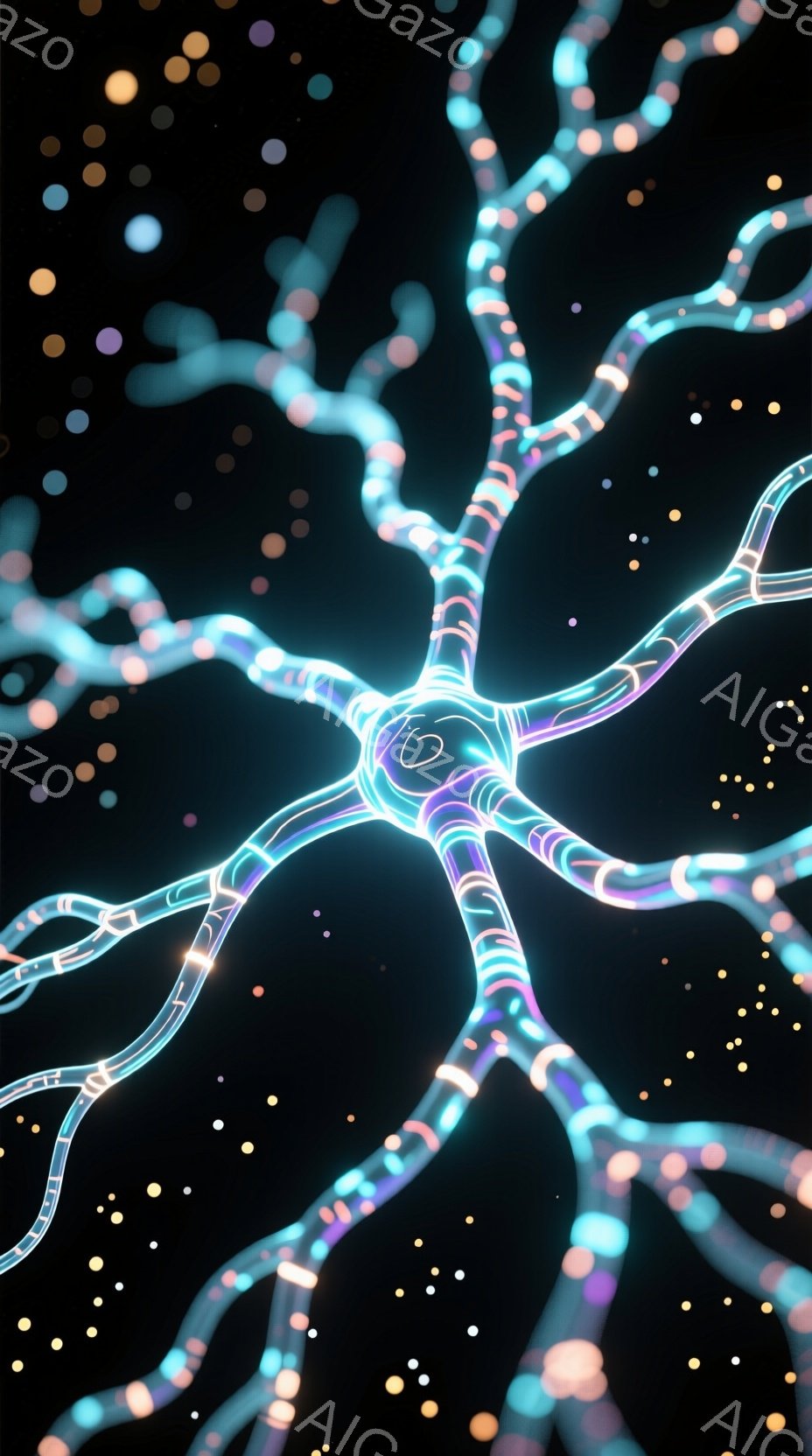 この画像は、暗黒の背景に浮かぶ、複雑に絡み合った発光性の神経細胞ネットワークを描いています。細胞体から伸びる細長い突起は、まるで電気信号が流れているかのように輝き、生命の神秘的なエネルギーを想起させます。全体的に幻想的で、科学的でありながらアート的な雰囲気を漂わせています。