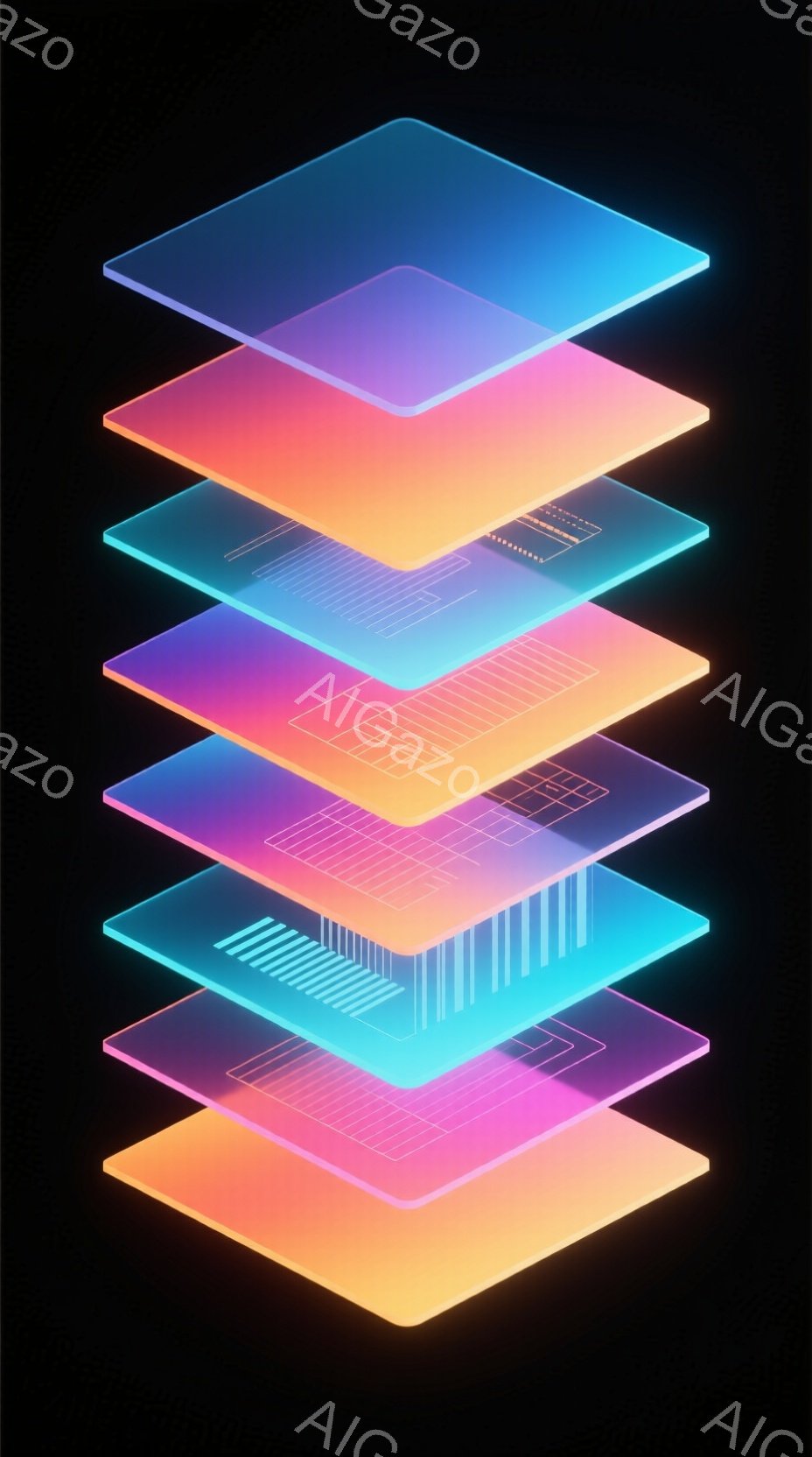 鮮やかなネオンカラーの層が重ねられた抽象的な構成です。各層は四角形で、それぞれ異なる色合いを持ち、発光しているように見えます。背景は暗く、全体的に未来的な雰囲気を醸し出しています。