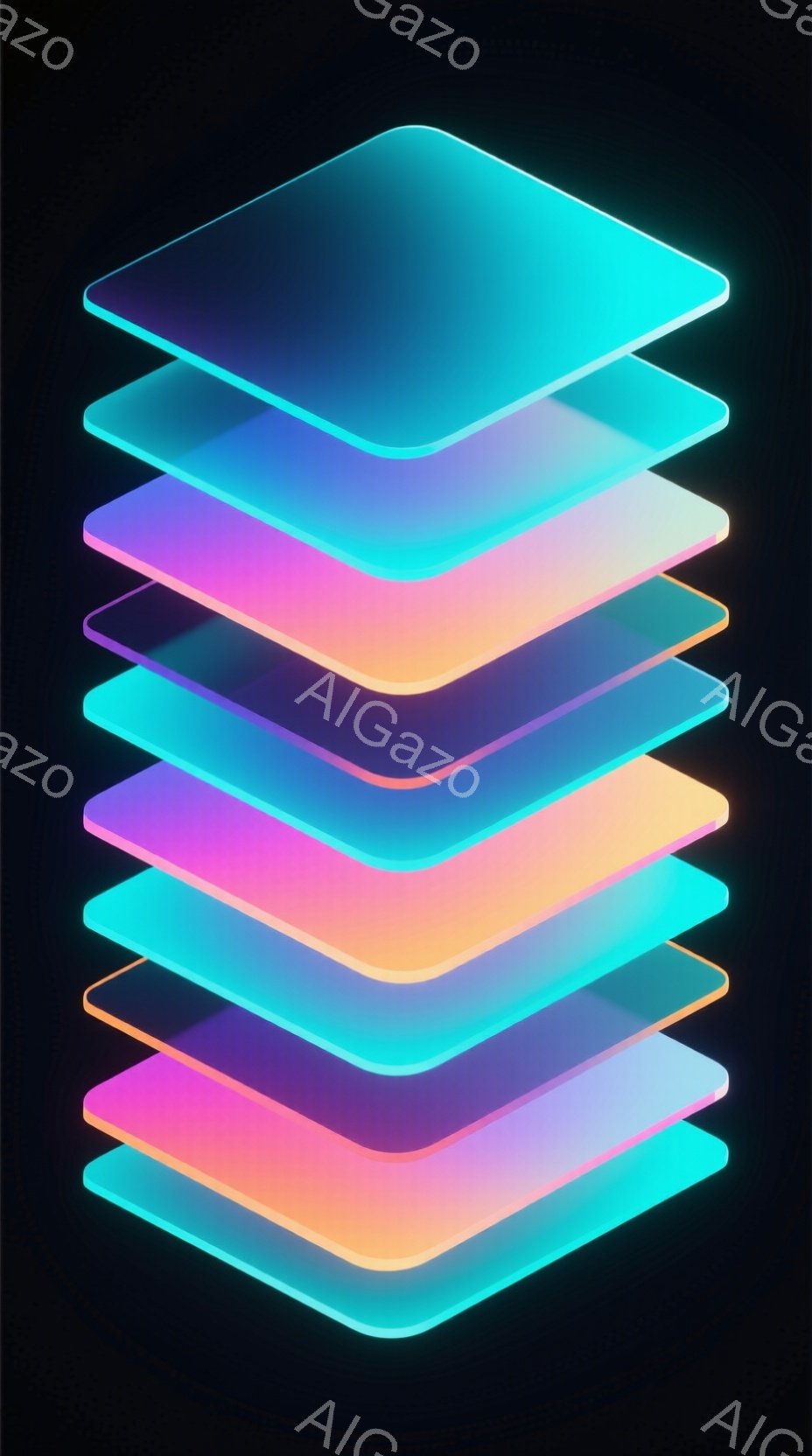 鮮やかな色彩の半透明な板が積み重ねられた抽象的な画像です。それぞれの板は、青、緑、黄、ピンク、オレンジとグラデーションがかかっており、光沢があり、薄く積み重ねることで奥行きが生まれています。背景は漆黒 - AI生成フリー素材