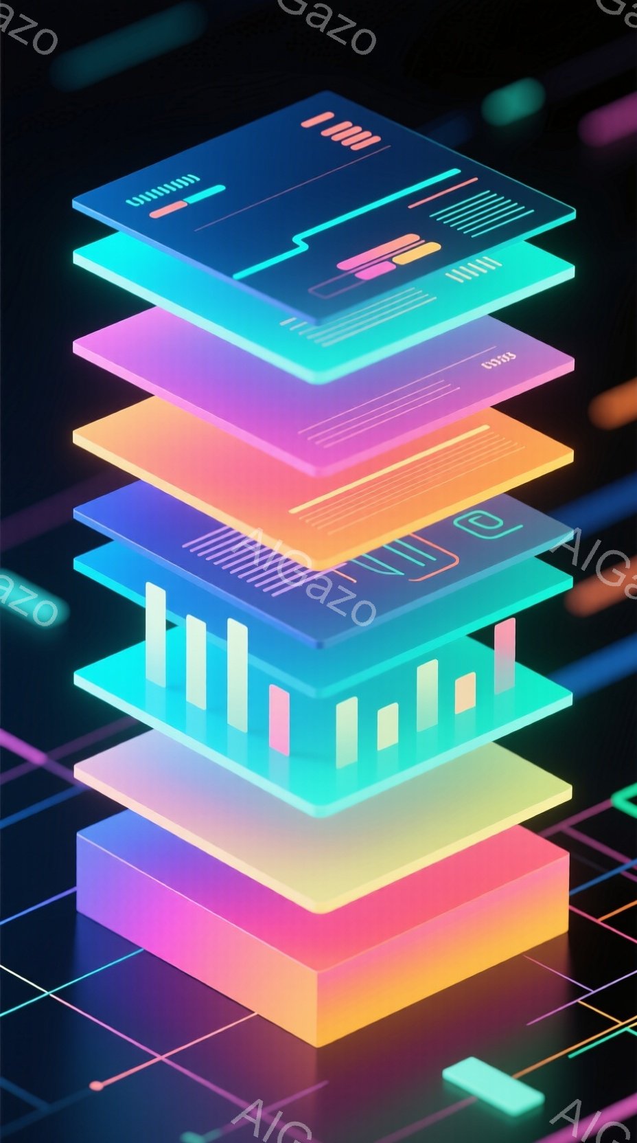 この画像は、鮮やかなグラデーションカラーの幾何学的なレイヤーが積み重ねられた抽象的な表現です。各レイヤーは、ネオンカラーの線や小さな四角形のような装飾が施され、未来的な印象を与えます。背景はグリッド状 - AI生成フリー素材