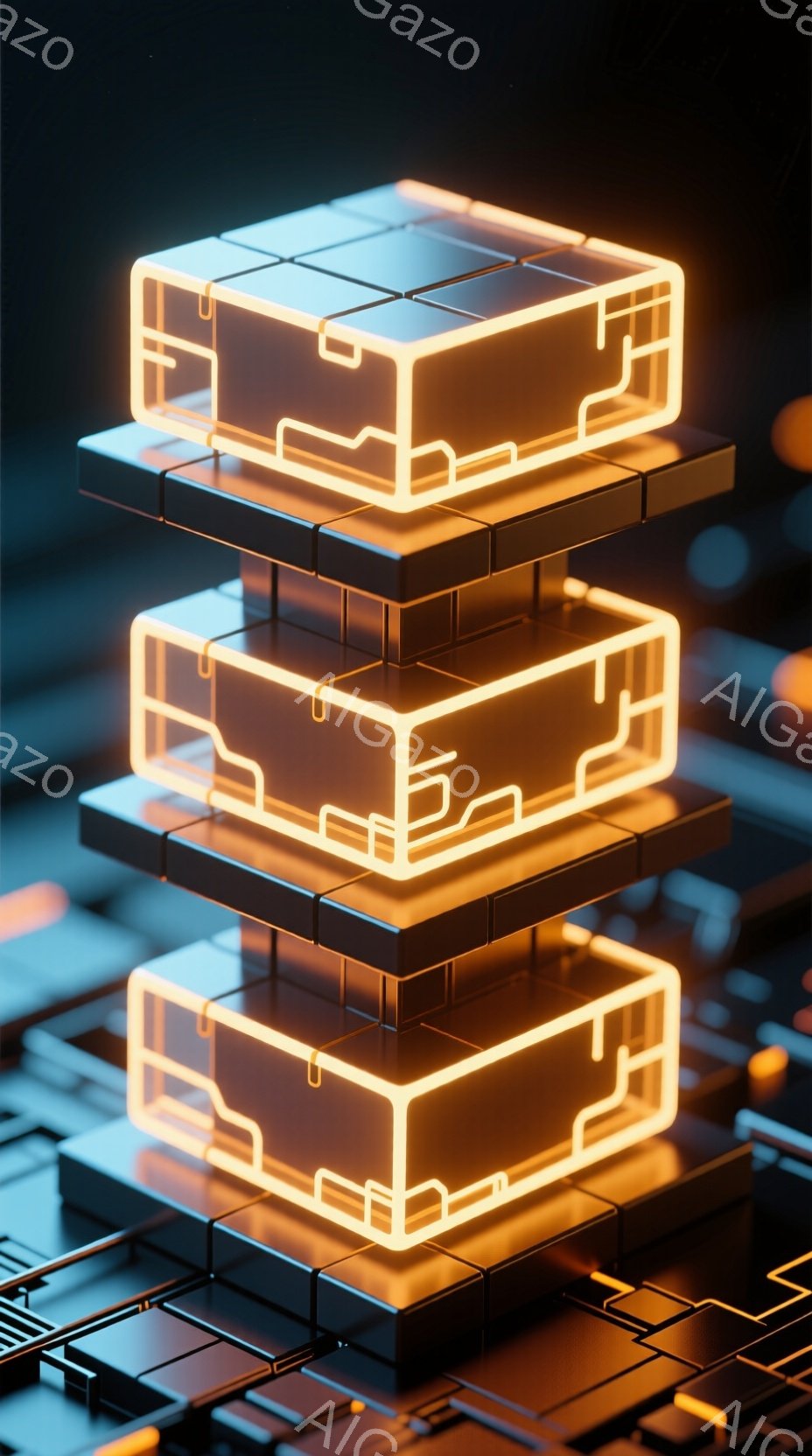 画像は、積み重ねられた3つの発光する立方体を描写しており、それぞれが複雑な回路パターンで縁取られています。 立方体は暗い、グリッド状の基盤の上に配置されており、未来的なテクノロジーや電子機器を連想させる雰囲気です。 全体的に、鮮やかなオレンジ色の光が、暗くメタリックな背景と対照的に、目を引く視覚効果を生み出しています。
