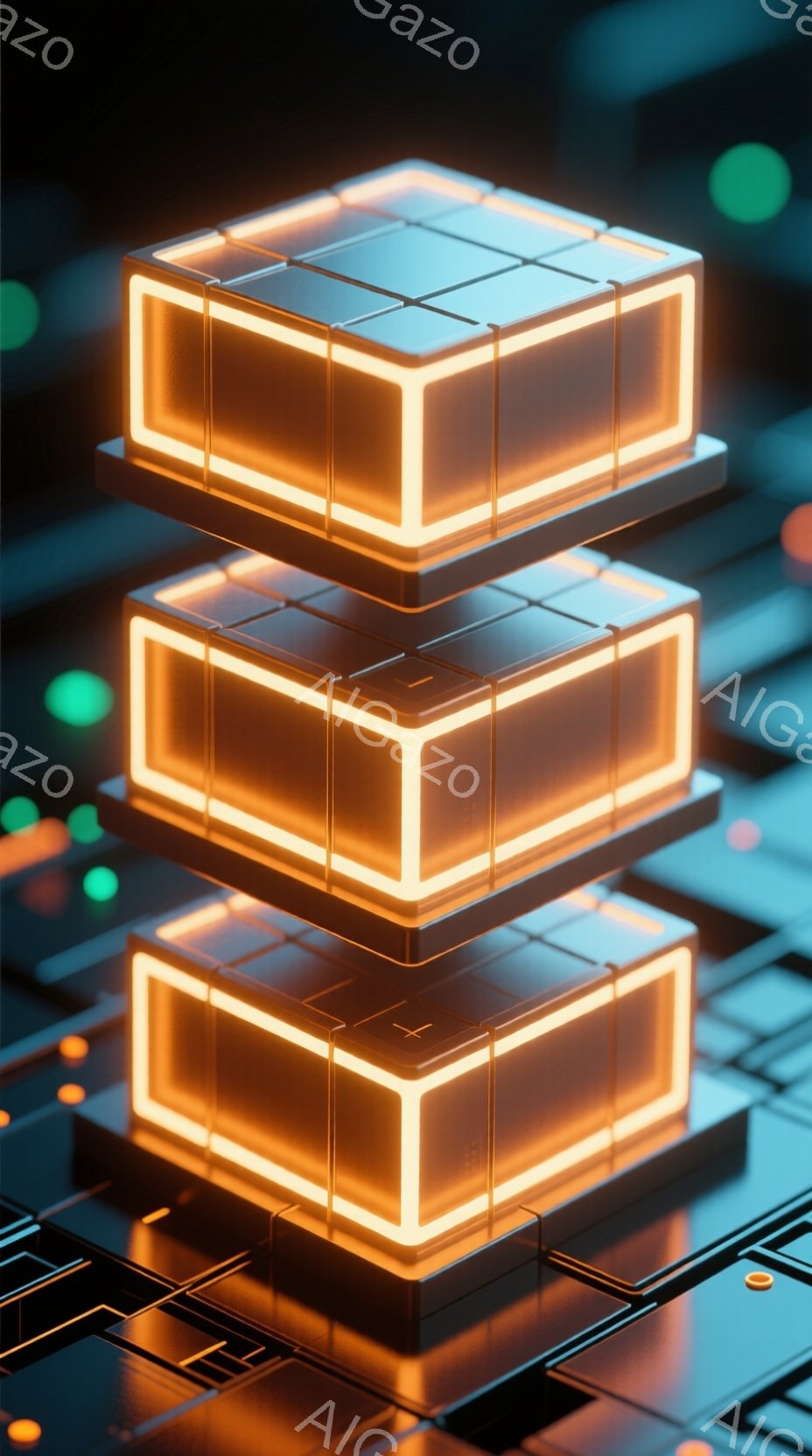 画像は、互いに積み重ねられた3つの発光する立方体を示しています。各立方体は、鮮やかなオレンジ色のネオンライトで縁取られ、暗い、テクノロジー感のある基盤の上に浮かんでいます。背景には、ぼやけた回路基板のようなデザインが見られ、未来的な雰囲気を醸し出しています。