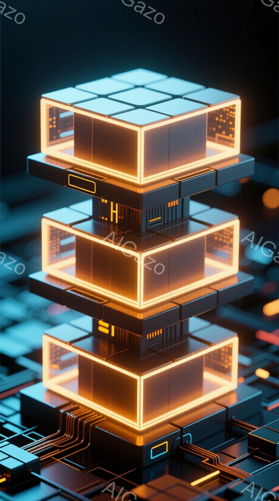 鮮やかなネオンオレンジの光で縁取られた、四つの立方体が積み重なった様子が描かれている。それぞれの立方体には、複雑な電子回路のような模様が施され、未来的なテクノロジーを想起させる。背景は、同様の回路パタ - AI生成フリー素材