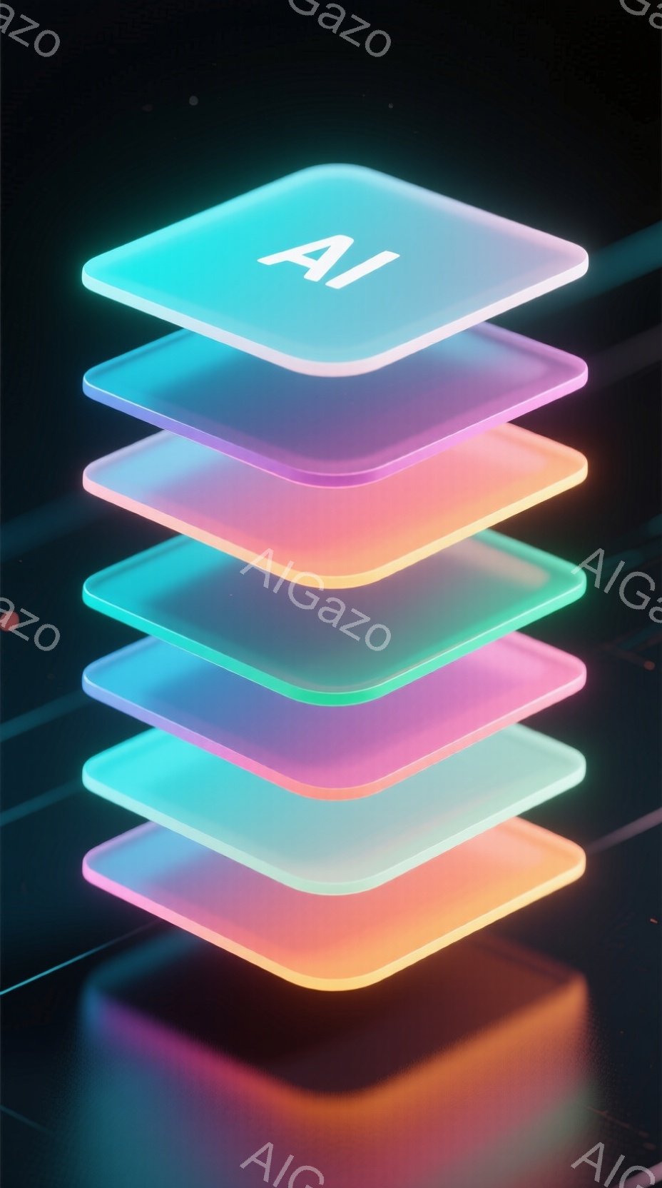 鮮やかな色の半透明な正方形が積み重なっており、虹のようなグラデーションを作り出しています。下部にはオレンジ色が強く、上部に向かうにつれて青みがかった色合いへと変化しています。背景は暗く、光沢のある床に反射して、未来的で抽象的な雰囲気を醸し出しています。