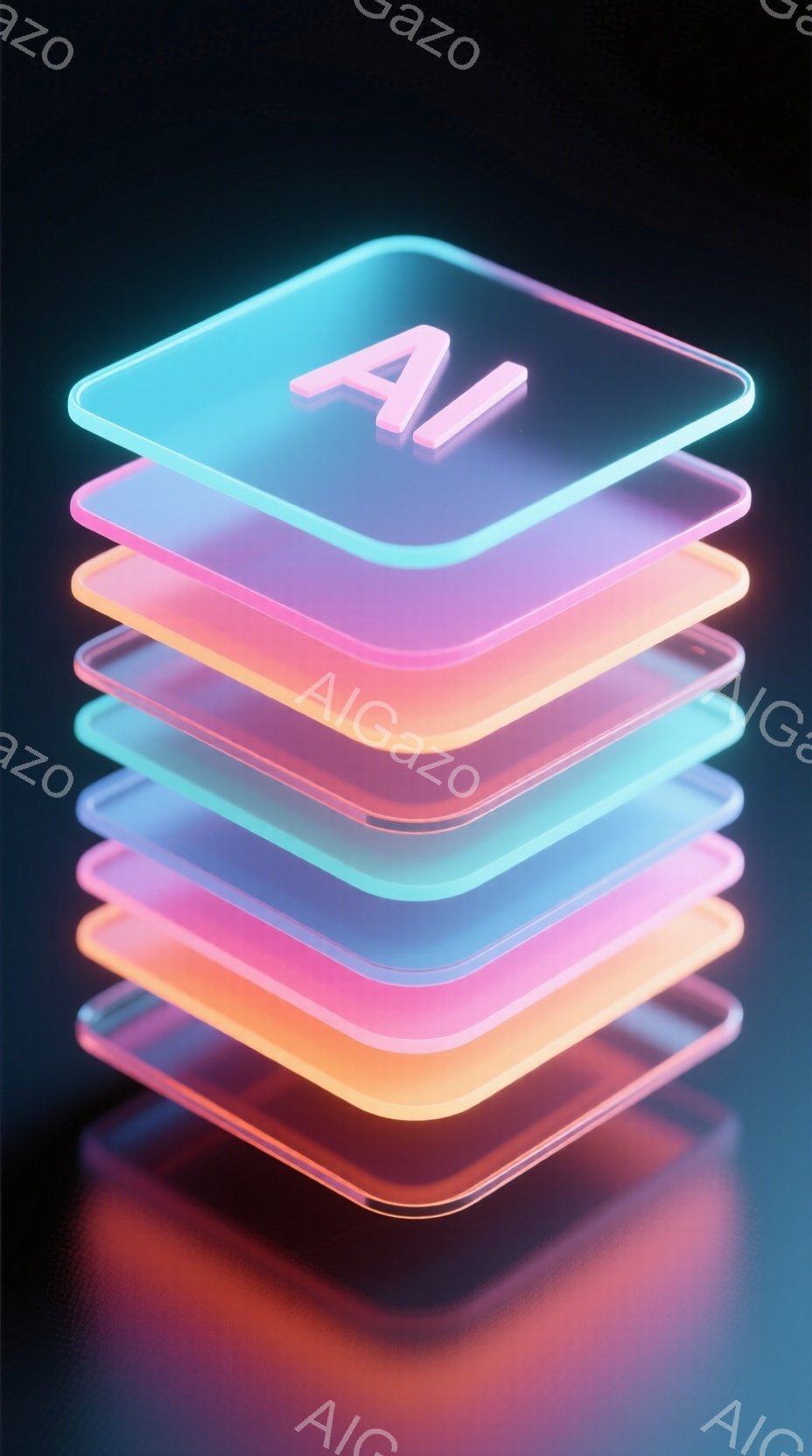 鮮やかなネオンカラーの透明な四角形が積み重ねられた画像です。最上段には「AI」の文字が光っており、下部に向かってピンク、紫、青へとグラデーションがかかっています。全体的に未来感と洗練された雰囲気を醸し - AI生成フリー素材