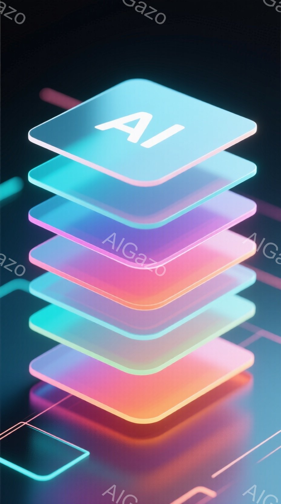 鮮やかな色彩の透明な板が積み重ねられた抽象的なイメージです。それぞれの板は、ピンク、オレンジ、緑、青といったグラデーションの色をしており、光沢があり、まるで光を反射しているかのようです。背景は暗く、板の鮮やかさを際立たせており、未来的な雰囲気を感じさせます。