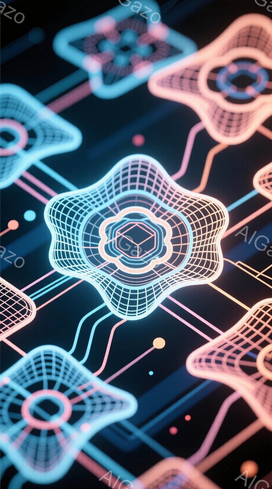 鮮やかなネオンカラーで描かれた、幾何学的な光のパターンが特徴的な画像です。複雑な線と六角形の構造が、暗い背景に浮かび上がり、未来的な回路やネットワークを連想させます。全体的にクールでテクノロジー感あふ - AI生成フリー素材