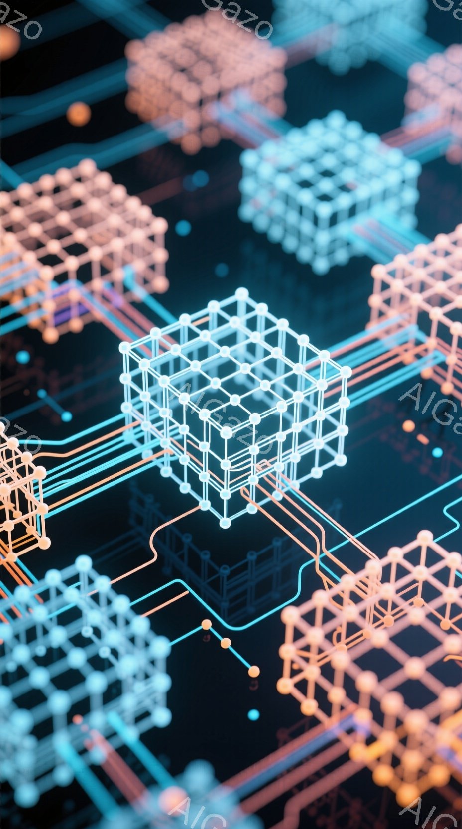 この画像は、黒い背景に浮かぶ白い線で構成された立方体や複雑なネットワークの構造が描かれています。オレンジ色の線が、これらの構造を繋ぎ、まるで電子回路やデータフローを視覚化したような印象を与えます。全体 - AI生成フリー素材