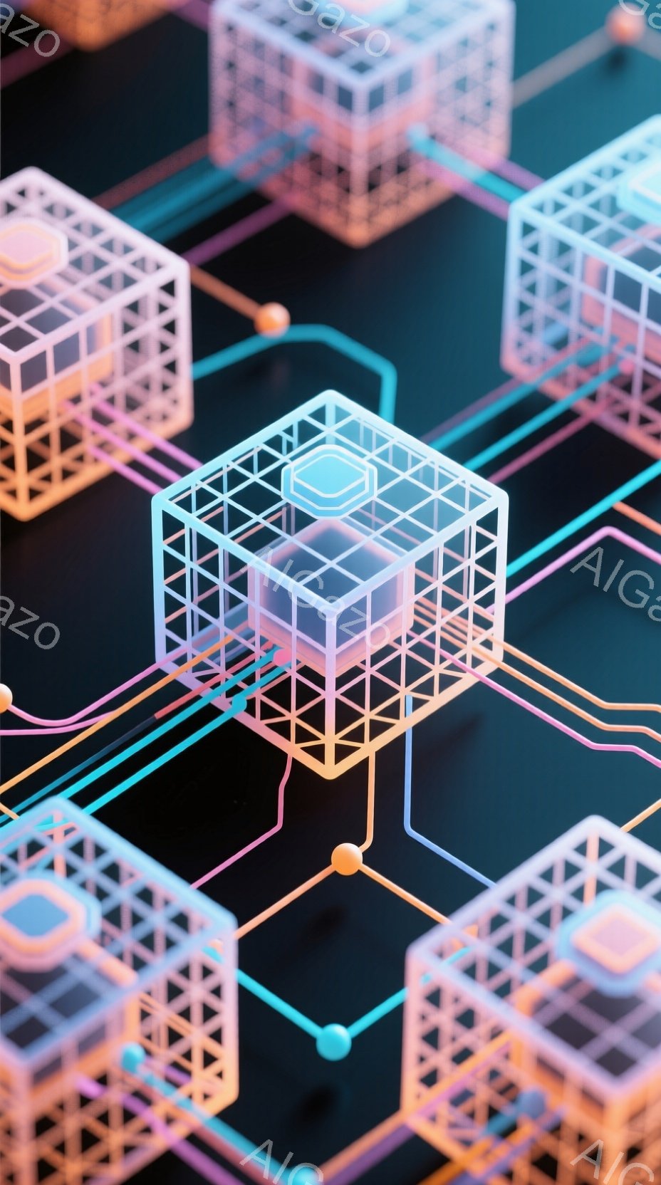 鮮やかなネオンカラーで構成された、未来的な立方体のネットワークが描かれています。各立方体は線で繋がり、まるで回路や都市の構造を思わせる複雑な模様を形作っています。背景は暗く、立方体と線が発光することで、幻想的でテクノロジーを感じさせる雰囲気が生まれています。