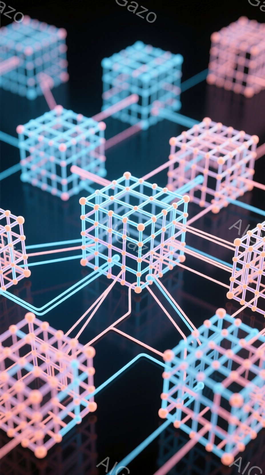 画像は、暗い反射面の上に配置された、発光するワイヤーフレームの立方体ネットワークを示しています。各立方体は、ピンクと水色の線で構成され、互いに接続されています。全体的に、未来的なテクノロジーや接続性を暗示する、抽象的でミニマルな構成です。