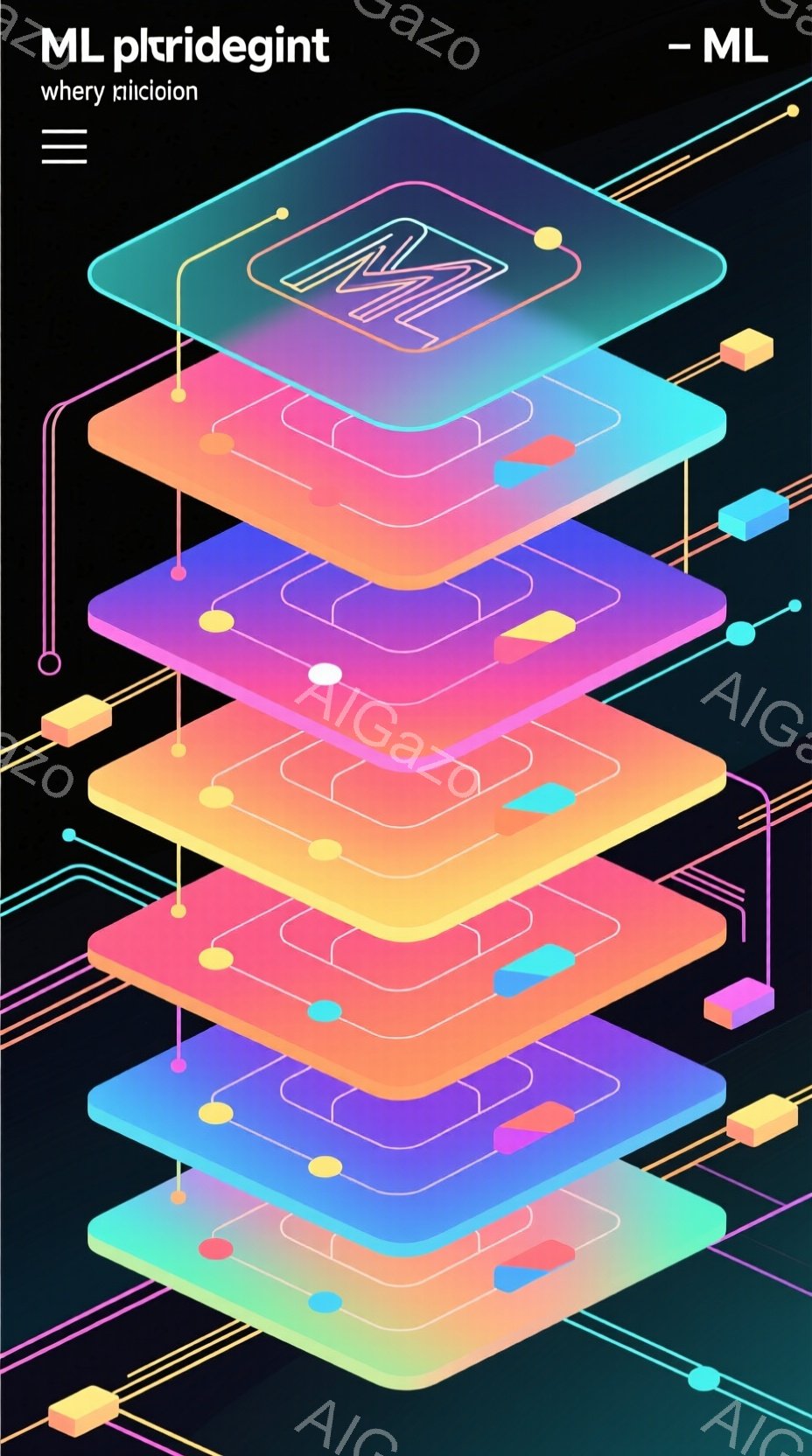 この画像は、互いに重なり合う複数の光沢のある長方形の層で構成されており、それぞれが異なる色合いの青と紫の色調を持っています。層の間には、接続された線状の要素が配置され、まるで回路基板のような印象を与え - AI生成フリー素材