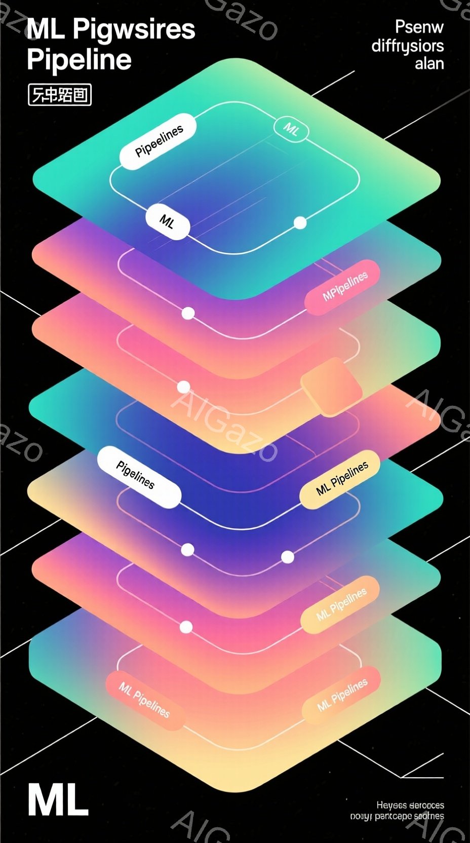 この画像は、複数のグラデーションカラーの層が重なった抽象的なデザインです。各層は、わずかにオフセットされ、奥行き感を演出しています。下部に「ML」という文字が配置され、全体的に未来的な雰囲気です。