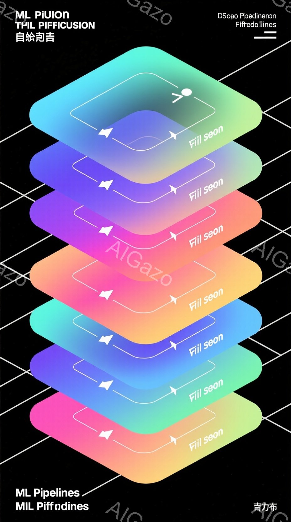 この画像は、さまざまな色の層状の三角形が積み重なって構成された抽象的なデザインです。各三角形は、赤、オレンジ、黄色、緑、青、紫といった鮮やかな色合いを持ち、光沢のある質感で表現されています。背景は黒で、三角形の層が浮かび上がるように配置されており、全体としてモダンで未来的な印象を与えます。