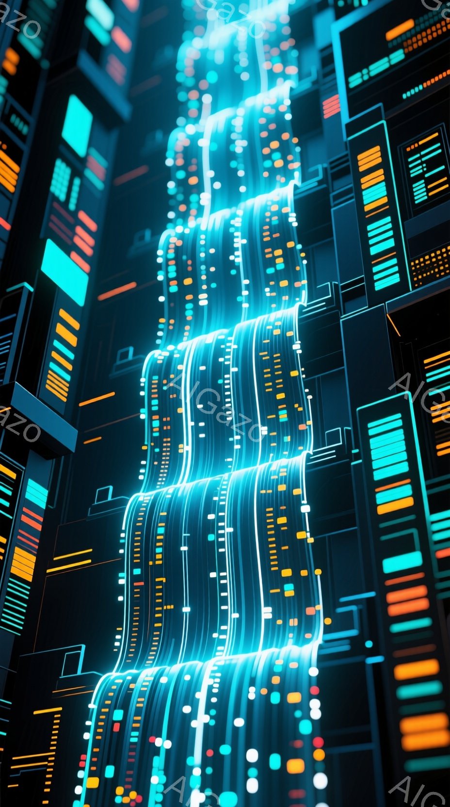 この画像は、未来的な都市景観を表現したデジタルアート作品です。ネオンカラーの線と光が複雑に絡み合い、高層ビル群を構成しています。全体的にサイバーパンク風の雰囲気で、デジタルと現実が融合した世界観が特徴 - AI生成フリー素材