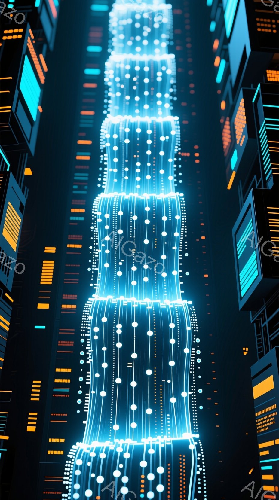 未来的な都市の風景が描かれている。高層ビルが両側に立ち並び、中央には光の線が縦に連なる幻想的な構造物がそびえ立っている。鮮やかな青と白の光が、近未来的な雰囲気を強調している。