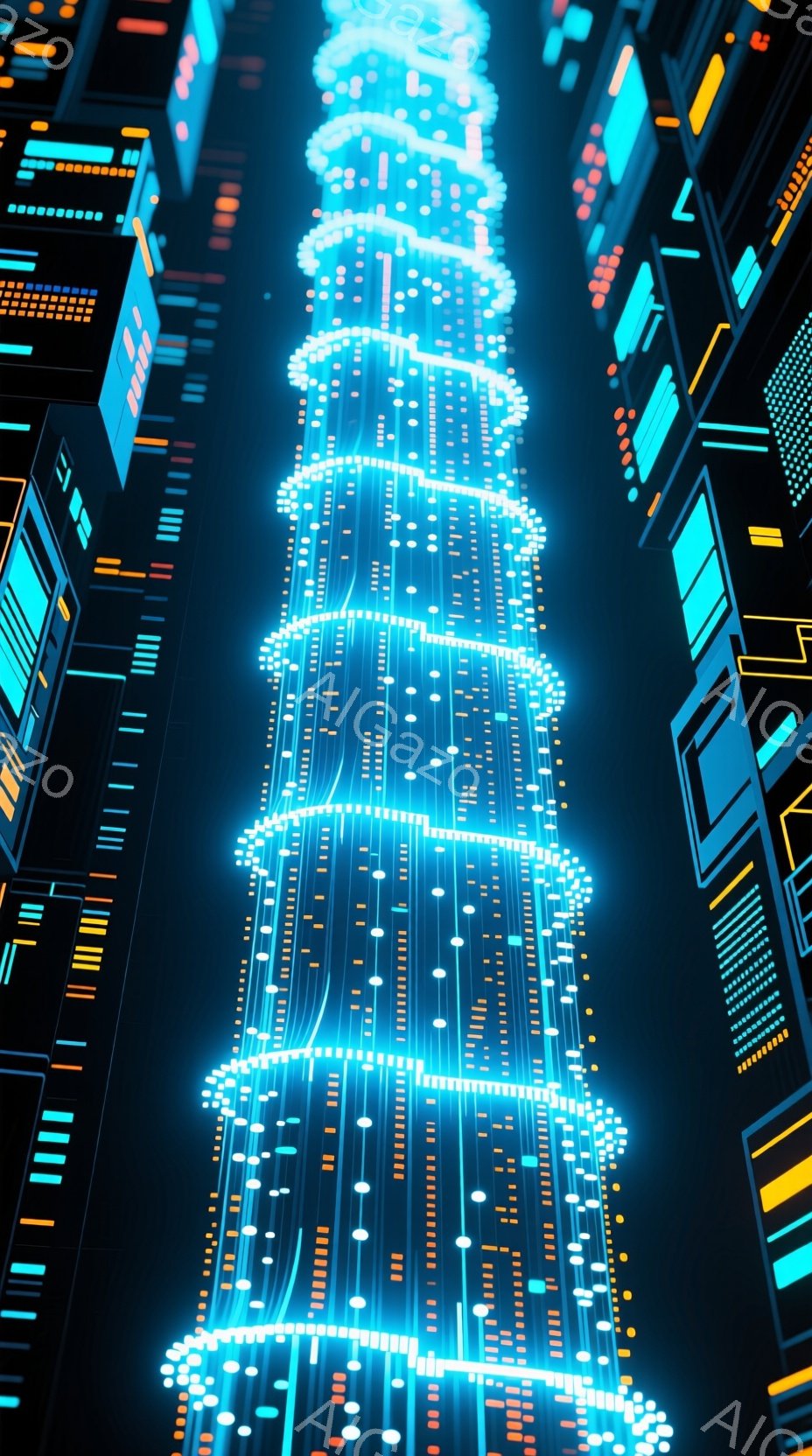 この画像は、未来的な都市の空撮のように見えるもので、ネオンブルーとオレンジの光の線で構成された巨大なタワーが中心に描かれています。タワーは複雑な回路基板のようなデザインで、周囲には高層ビル群が配置されており、暗闇の中で光り輝くサイバーパンクな雰囲気を醸し出しています。全体として、技術と都市の融合を感じさせる、幻想的で未来的な光景です。