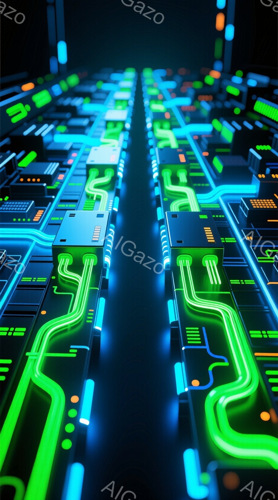 この画像は、鮮やかなネオンカラーの回路が無限に続く未来的な空間を描写しています。緑、青、オレンジの光が、複雑なパターンで配置された回路を照らし、まるでデジタル世界の内部を覗き込んでいるかのような印象を与えます。全体的に、テクノロジー、スピード、そして無限の可能性を感じさせる、近未来的な雰囲気が漂っています。