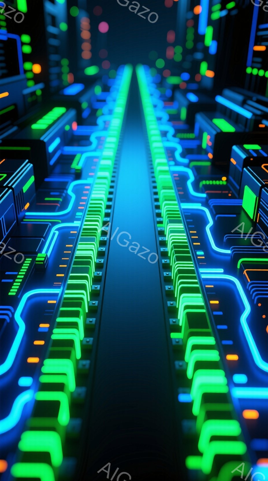 鮮やかなネオンカラーの回路が、遠近法によって両側へ広がる未来的な視点です。緑色の発光するラインが中心線を形成し、青い配線がその周りを複雑に走り、まるでサイバー空間の高速道路のようです。全体的に、テクノロジー、スピード、そして未来的な雰囲気が漂う、没入感のある視覚体験です。