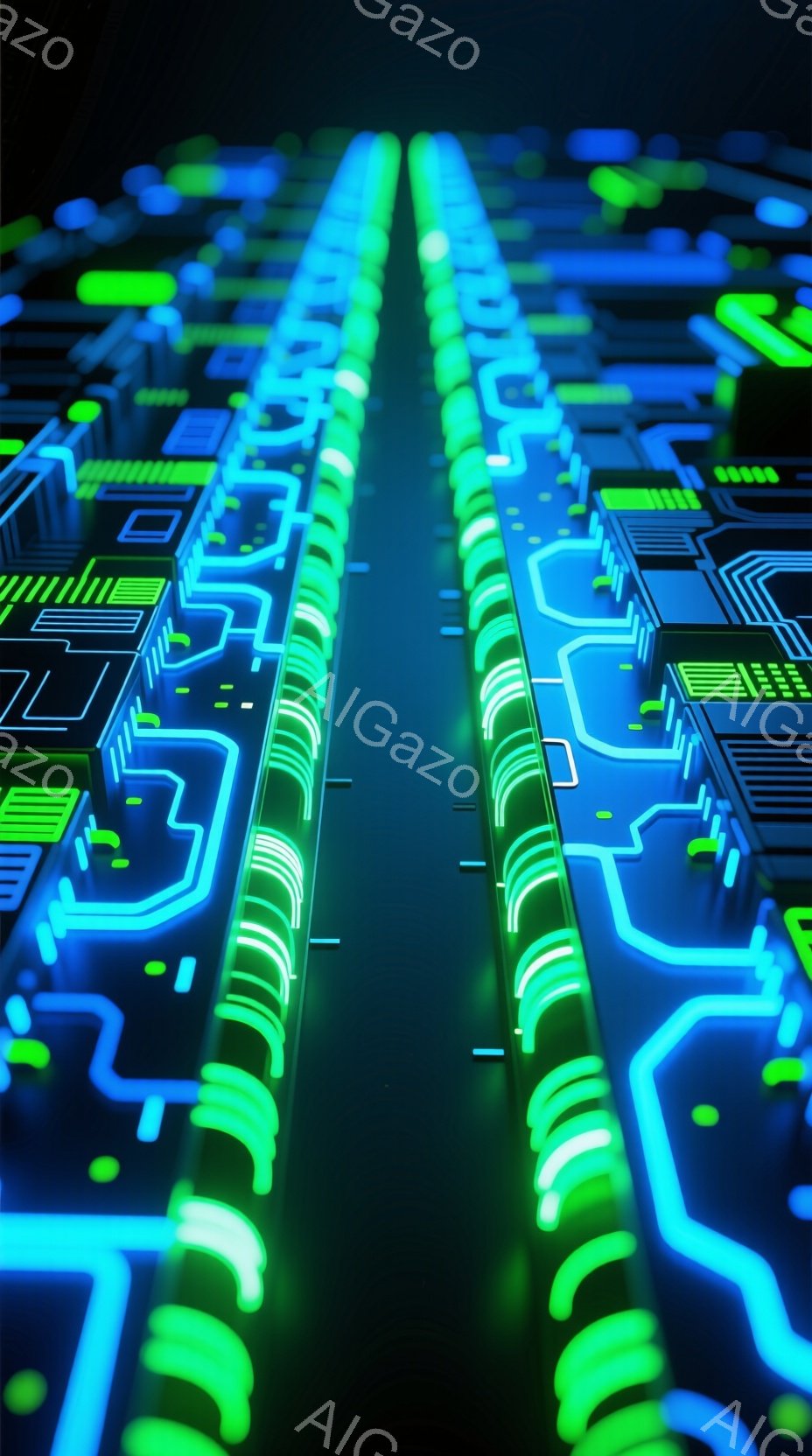 この画像は、ネオンブルーとグリーンで光る未来的な回路基板の視点からのショットです。回路は両側から中心に向かって収束し、視覚的な奥行きを作り出しています。全体的に、高科技で洗練された雰囲気で、サイバーパンクやデジタル世界のイメージを喚起させます。