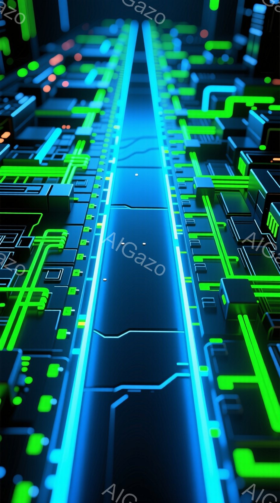 この画像は、鮮やかな緑色の光る回路が、暗い青色の背景を未来的な構造で覆い尽くしている様子を描写しています。回路はまるで都市のスカイラインのように、複雑に交差して伸びており、近未来的なデジタル空間を想起させます。全体的に、テクノロジーとサイバー空間の融合を感じさせる、スタイリッシュで没入感のある雰囲気です。