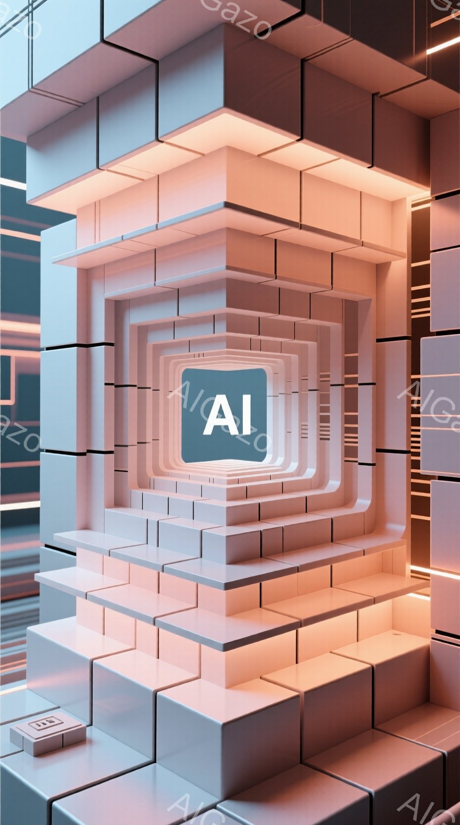 この画像は、幾何学的な白いブロックで構成された階段状の構造物を描いています。中央には「AI」と書かれた黒い長方形のパネルがあり、その周囲をブロックが同心円状に囲んでいます。全体的に淡いオレンジ色の光が差し込み、未来的な、ミニマルな雰囲気を醸し出しています。