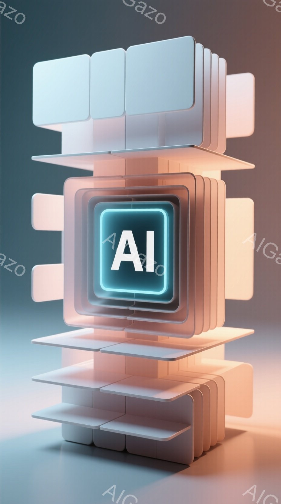 この画像は、積み重ねられた透明感のあるオレンジ色の正方形のレイヤーで構成された構造物を示しています。中央の正方形には青い光を放つ「AI」という文字が描かれており、未来的な印象を与えます。背景は淡いグレーで、光の反射が構造物を際立たせており、全体的にミニマルでモダンな雰囲気です。