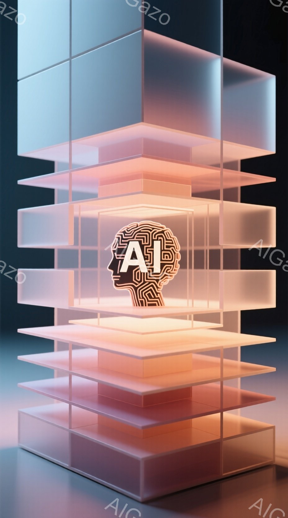 鮮やかなオレンジ色の脳の形をしたオブジェクトが、半透明の立方体で構成された幾何学的な構造の中心に配置されています。立方体は積み重ねられ、複雑な空間を作り出し、全体的に未来的な雰囲気とデジタルテクノロジーのイメージを喚起します。背景は暗く、脳と立方体の明るい色合いが際立っています。