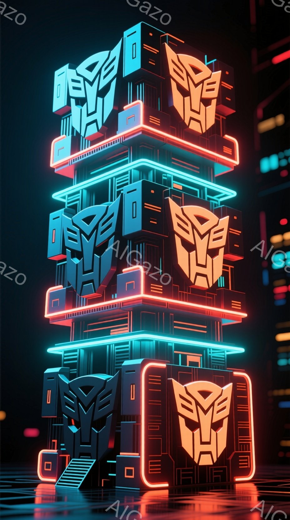 この画像は、ネオンライトで縁取られた、積み重ねられた幾何学的なキューブの塔を表しています。各キューブには、未来的なロボットの顔のようなシンボルが刻まれており、暗い背景に鮮やかな青と赤の光が反射しています。全体的に、サイバーパンク的で未来的な雰囲気が漂う、印象的でスタイリッシュなイメージです。