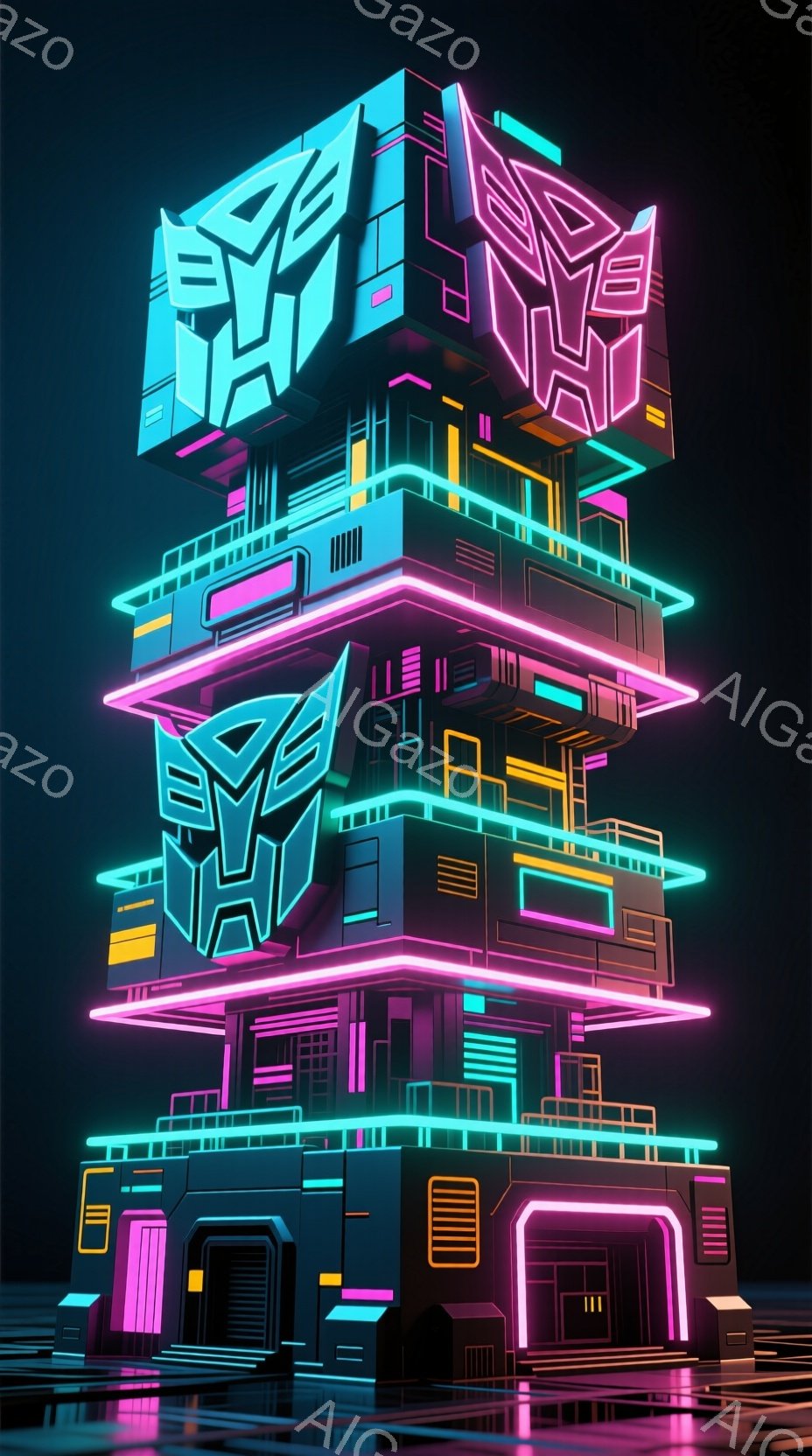 この画像は、ネオンカラーで照らされた、未来的な構造物を描いています。建物は黒を基調とし、緑、ピンク、紫のネオンが幾何学的なパターンで強調され、SF映画のような雰囲気を作り出しています。反射する床面と無機質な背景が、未来都市の一角を彷彿とさせます。