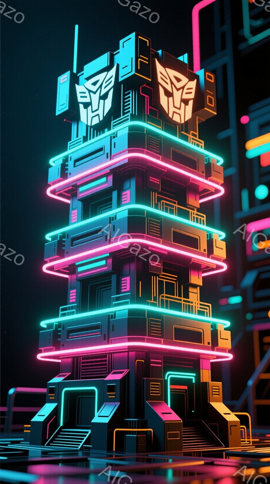 この画像は、ネオンライトで照らされた未来的な構造物を示しています。幾何学的な形状が積み重なり、サイバーパンクな雰囲気を作り出しています。鮮やかなピンクと青の光が、暗い背景の中で際立っています。