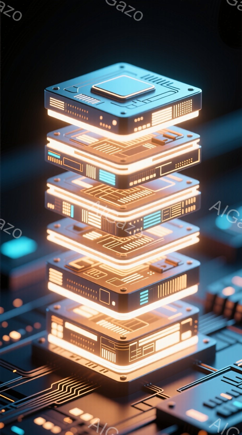 この画像は、発光するチップが積み重なった様子を捉えたクローズアップです。各チップは複雑な回路パターンで装飾されており、鮮やかなオレンジ色の光を放っています。背景には、同様の回路パターンが施された基板が - AI生成フリー素材