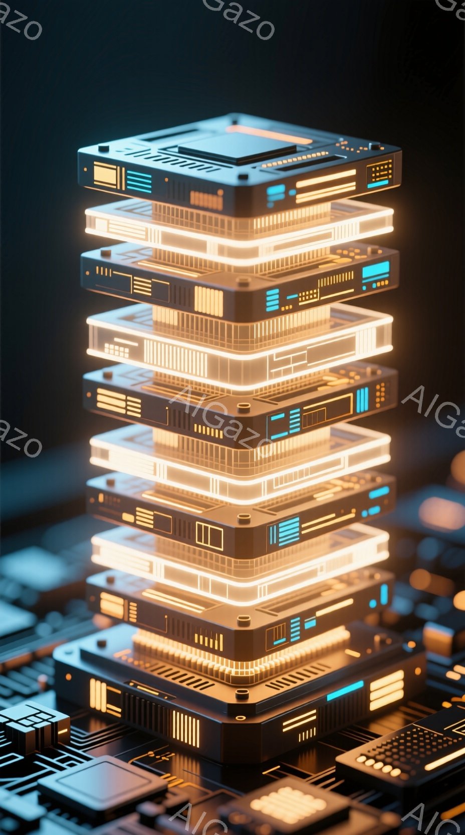 この画像は、積み重ねられた電子回路基板のタワーを描いています。各基板は、複雑な回路パターンと青い発光ラインで飾られ、未来的な印象を与えます。基板全体は、暖色系の光で照らされ、暗い背景とのコントラストによって、高層ビル群のような構造を作り出しています。