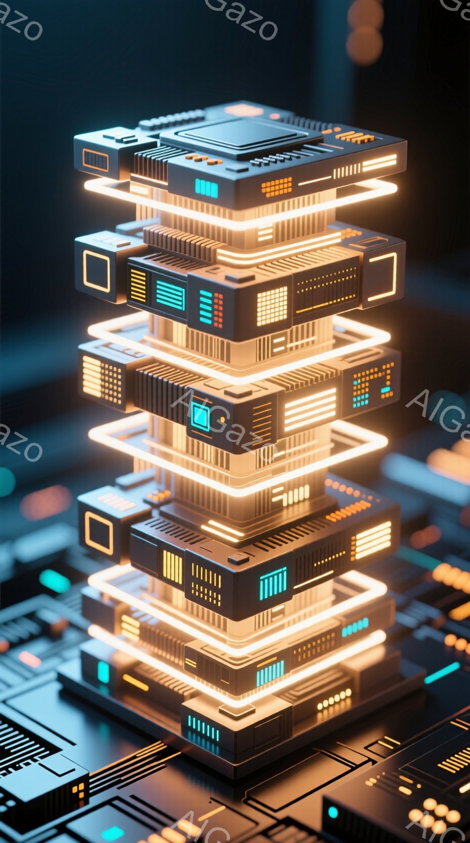 この画像は、未来的な電子回路を積み重ねた構造物を描いています。各層は青いアクセントと金色のラインで照らされ、内部には細かい電子部品が配置されています。背景は同様の回路基板で構成され、全体的にサイバーパンクで高技術的な雰囲気を醸し出しています。