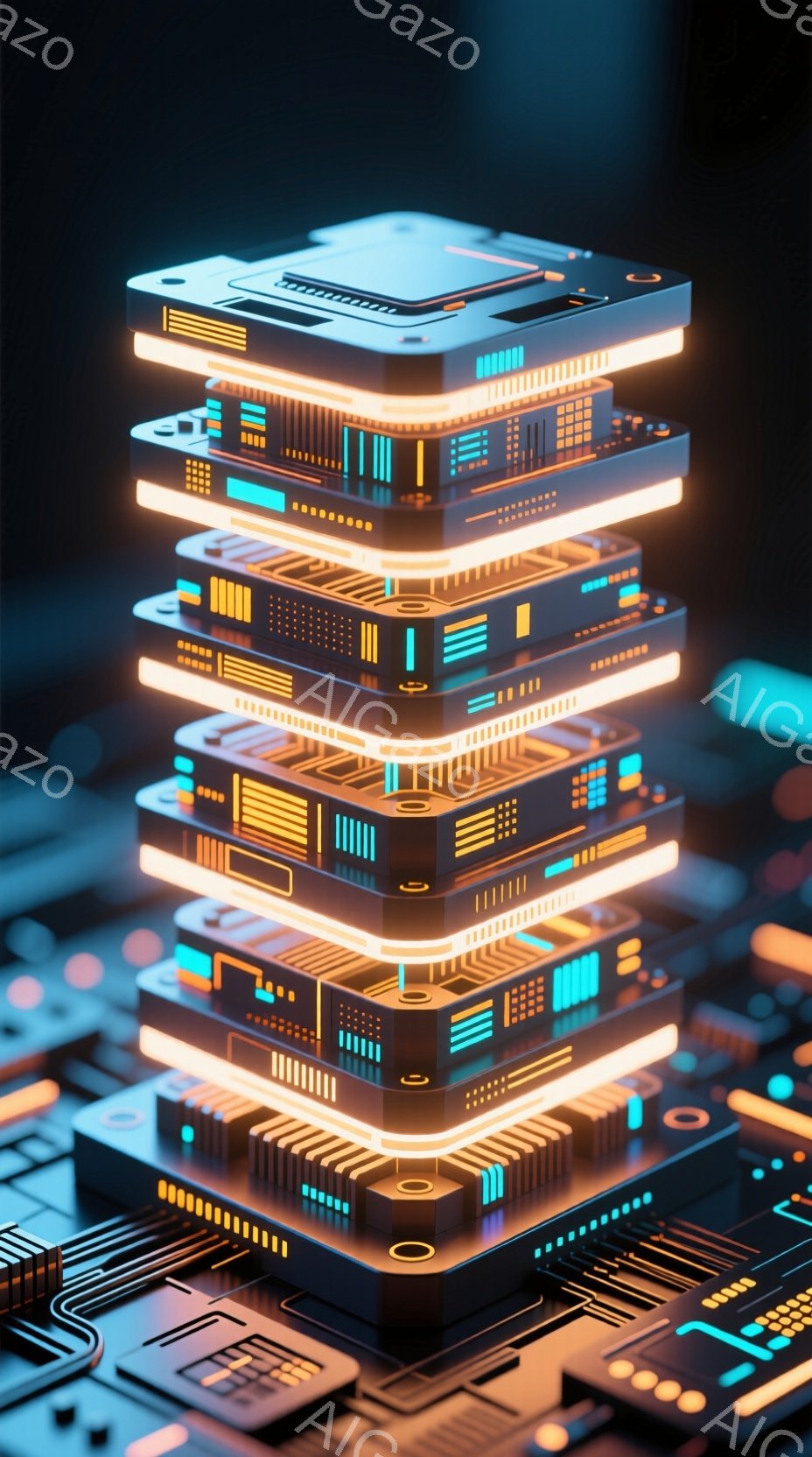 この画像は、発光する回路基板が積み重なったタワーのような構造を捉えています。各基板は青とオレンジの鮮やかな光で縁取られ、複雑な回路パターンが描かれています。全体的に未来的な雰囲気で、テクノロジー、電子機器、都市の構造を連想させる抽象的な表現です。
