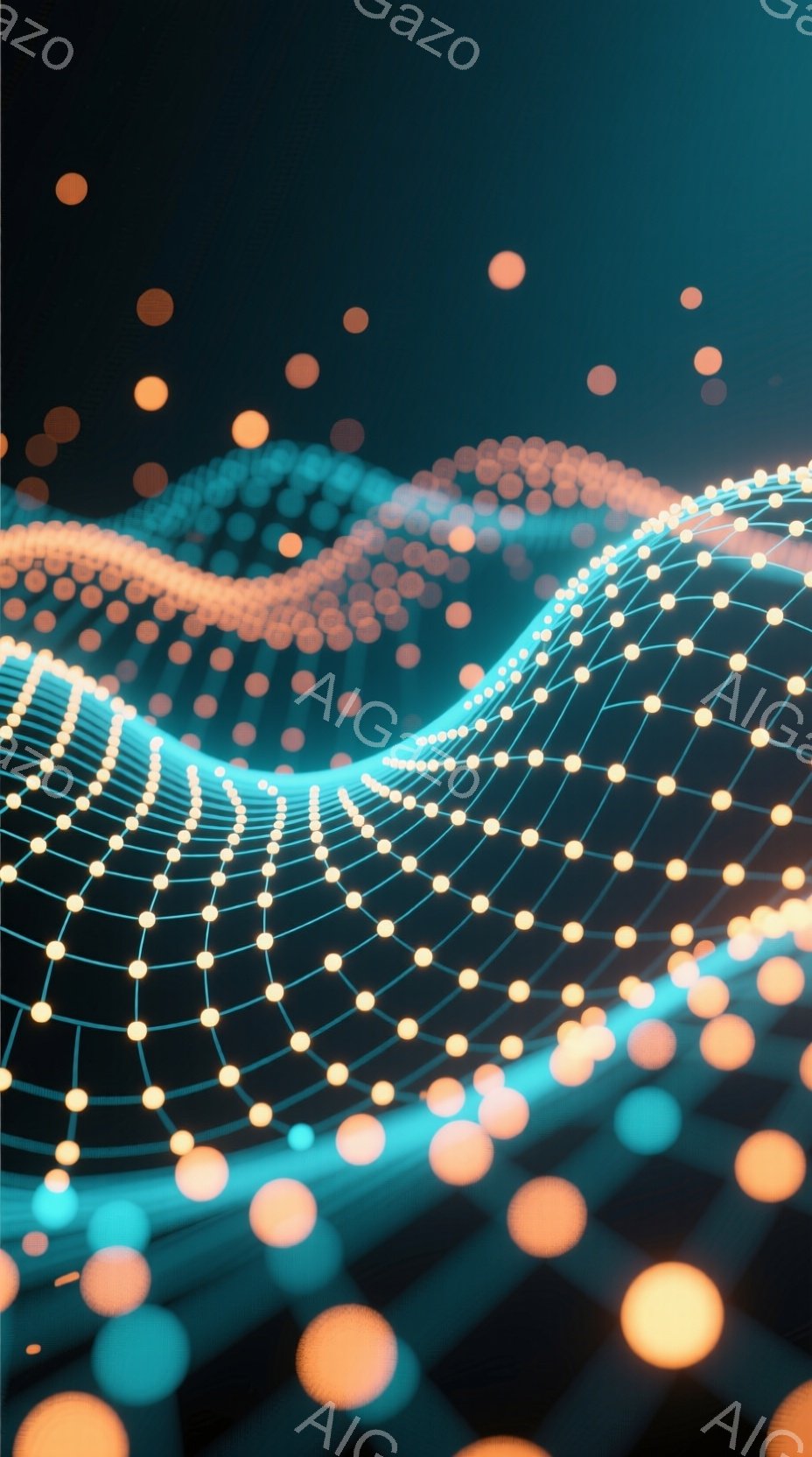 鮮やかな青い光の線が、複雑なネットワーク状に絡み合い、空間を曲線的に横切っている。背景は暗く、ぼやけたオレンジと青の光の球体が散りばめられ、未来的なデジタル空間を思わせる。全体的に、光と線が織りなす抽 - AI生成フリー素材