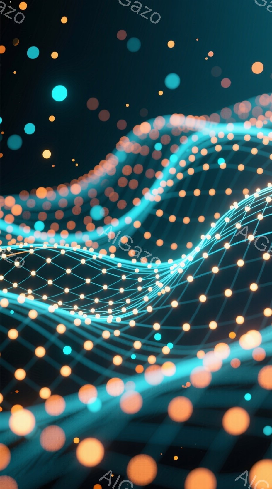 鮮やかなオレンジと水色の光点が、暗い背景に散りばめられた抽象的な光のネットワークが印象的な画像です。光点は様々な大きさで、まるで星空やエネルギーの流れを思わせる幻想的な雰囲気を醸し出しています。青色の - AI生成フリー素材