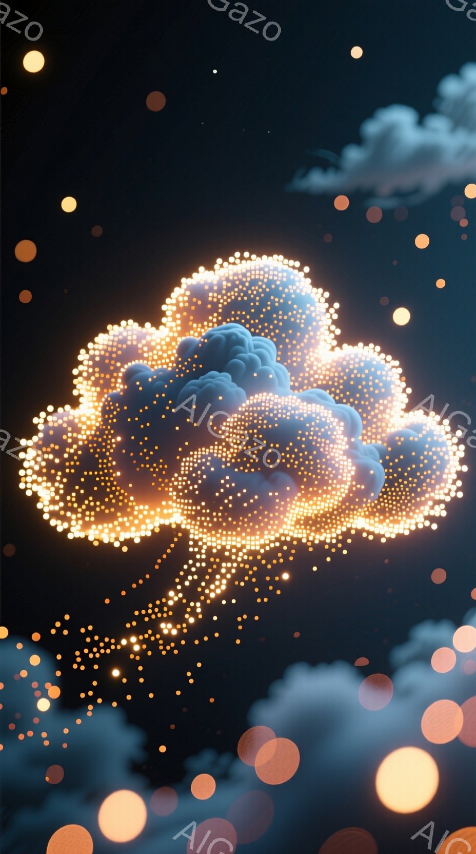 鮮やかな夜空を背景に、光の粒子で構成された雲が浮かんでいる。雲は金色の光で縁取られ、その内部は青みがかった色合いで、幻想的な雰囲気を醸し出している。背景にはぼやけた光の玉が散りばめられ、夜空の奥行きと - AI生成フリー素材