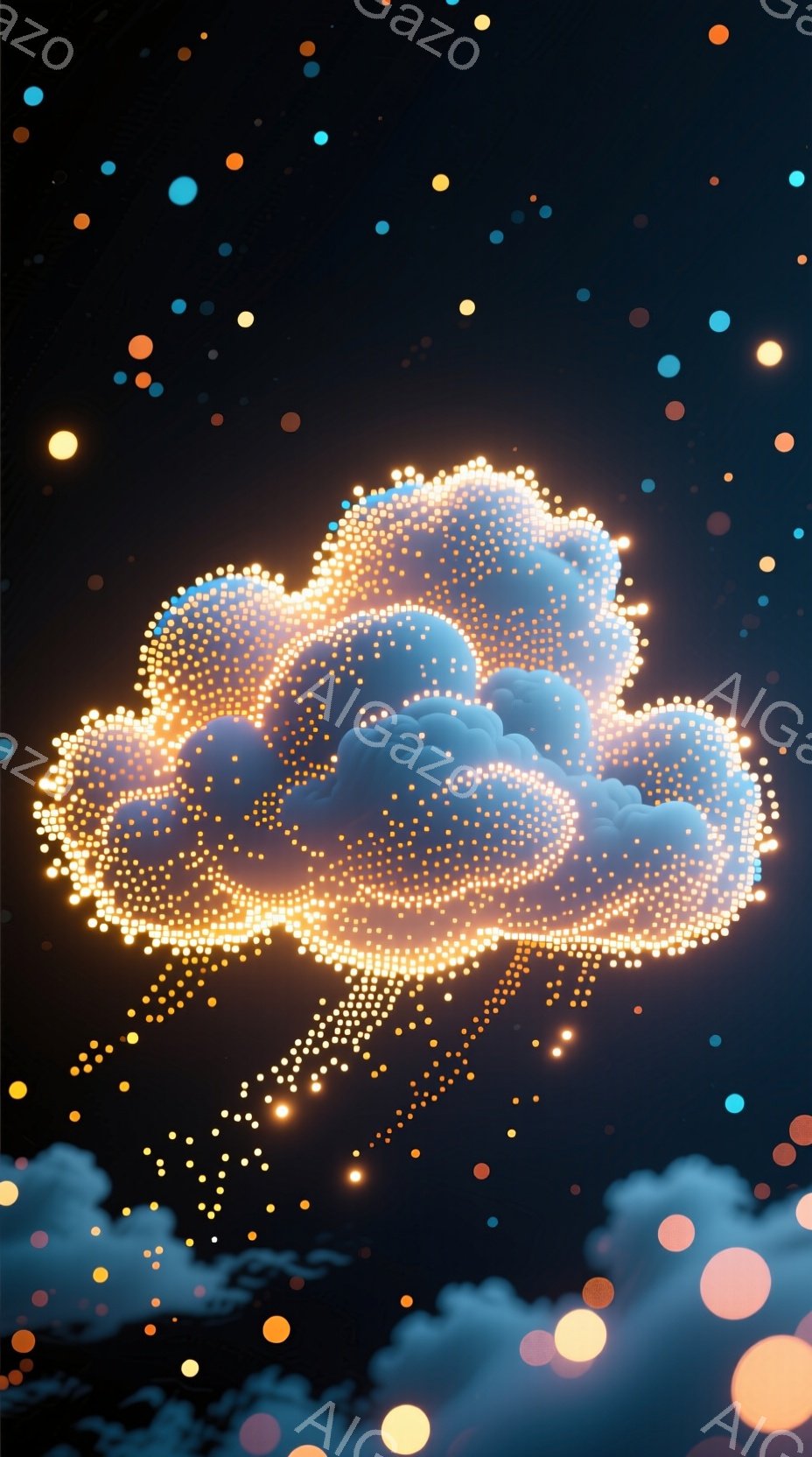 深い青色の背景に、明るいオレンジと黄色の点々とした光で構成された雲が浮かんでいます。雲はまるで光の粒子が集まって形作られたようで、幻想的で柔らかい印象を与えます。周囲には様々な大きさの光の玉が散らばり、夜空のような神秘的な雰囲気を醸し出しています。