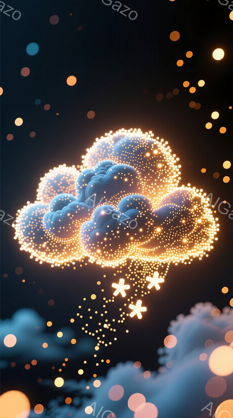 鮮やかな光の粒子で形作られた雲が、暗い背景に浮かび上がっています。雲はまるで星屑のように輝き、周りには小さな星のような光が散らばっています。全体的に幻想的で、どこか神秘的な雰囲気を醸し出しています。 - AI生成フリー素材