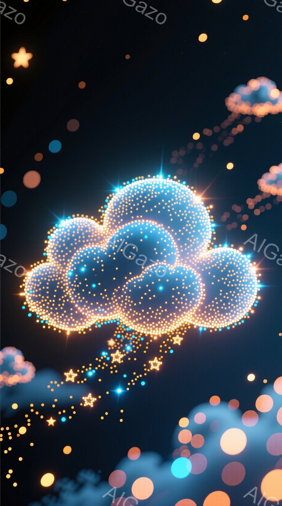 鮮やかな夜空を背景に、光り輝く雲が描かれています。無数の小さな光点が雲の形を作り出し、星屑のような輝きを放っています。周囲には様々な色の光の粒子が散りばめられ、幻想的で夢幻的な雰囲気を醸し出しています - AI生成フリー素材